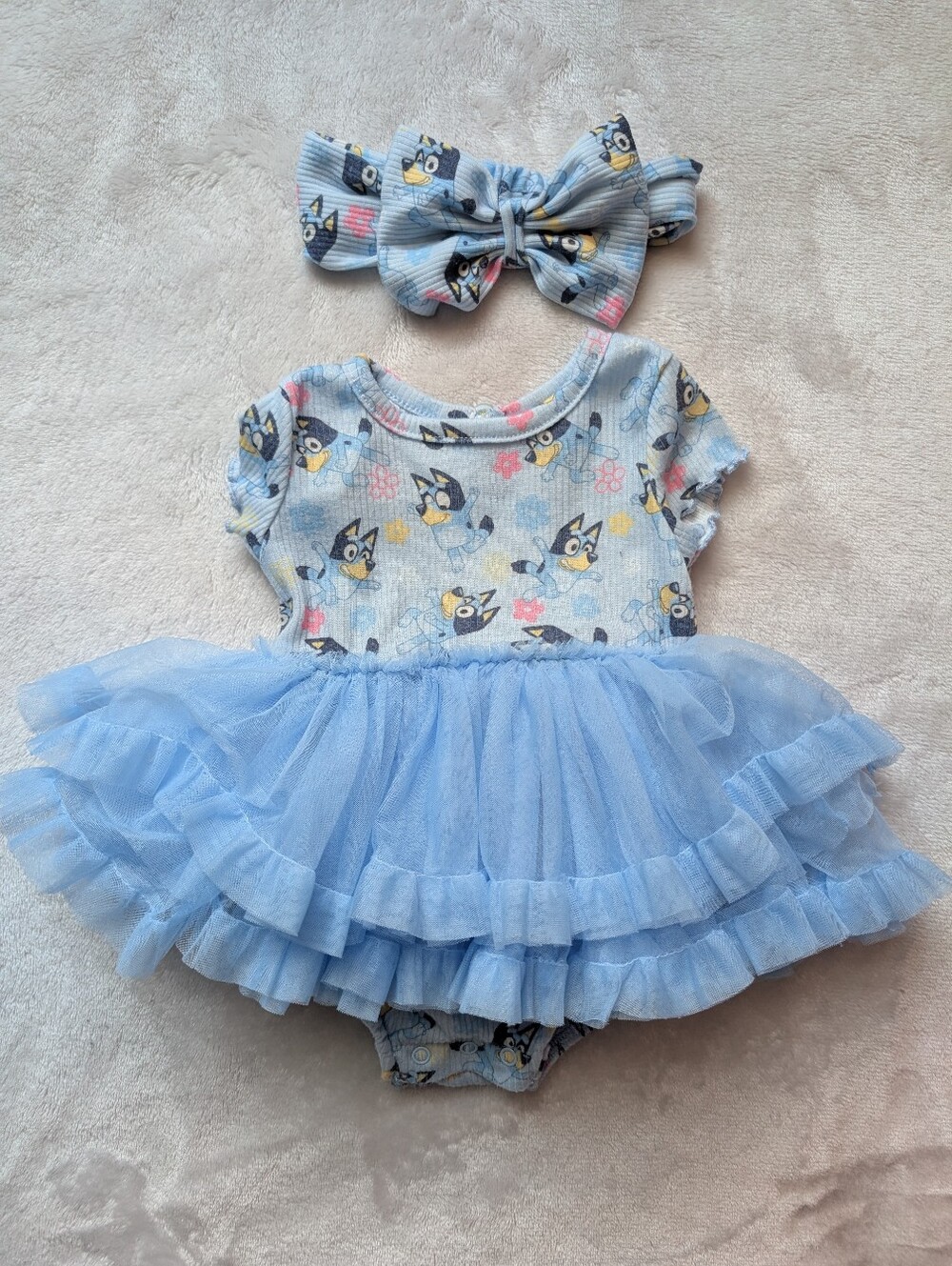 Bluey Baby Girl Dress Romper with Matching Bow Headband 3-6 Months